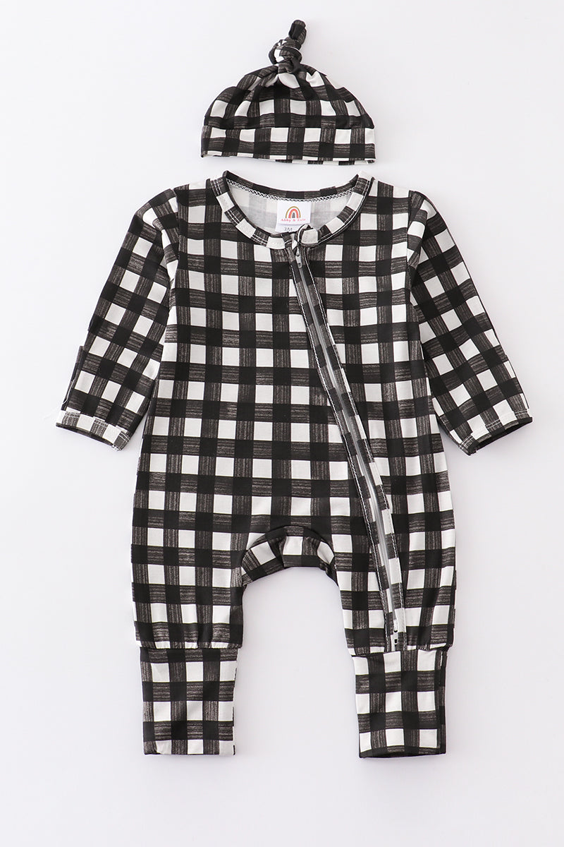 Black Plaid Romper with Hat