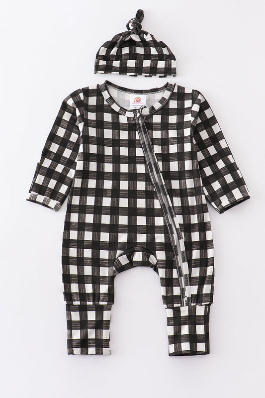 Black Plaid Romper with Hat